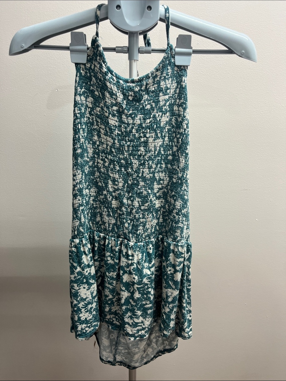Maurices Teal and White Smocked High-Low Floral halter top